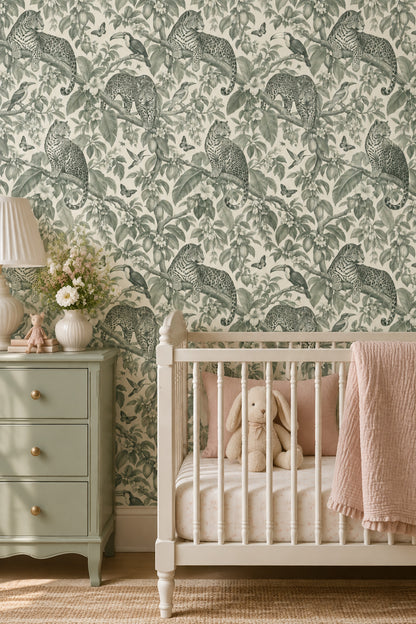 Jaguar And Toucan Wallpaper Vintage Tropical Toile In Sage Green