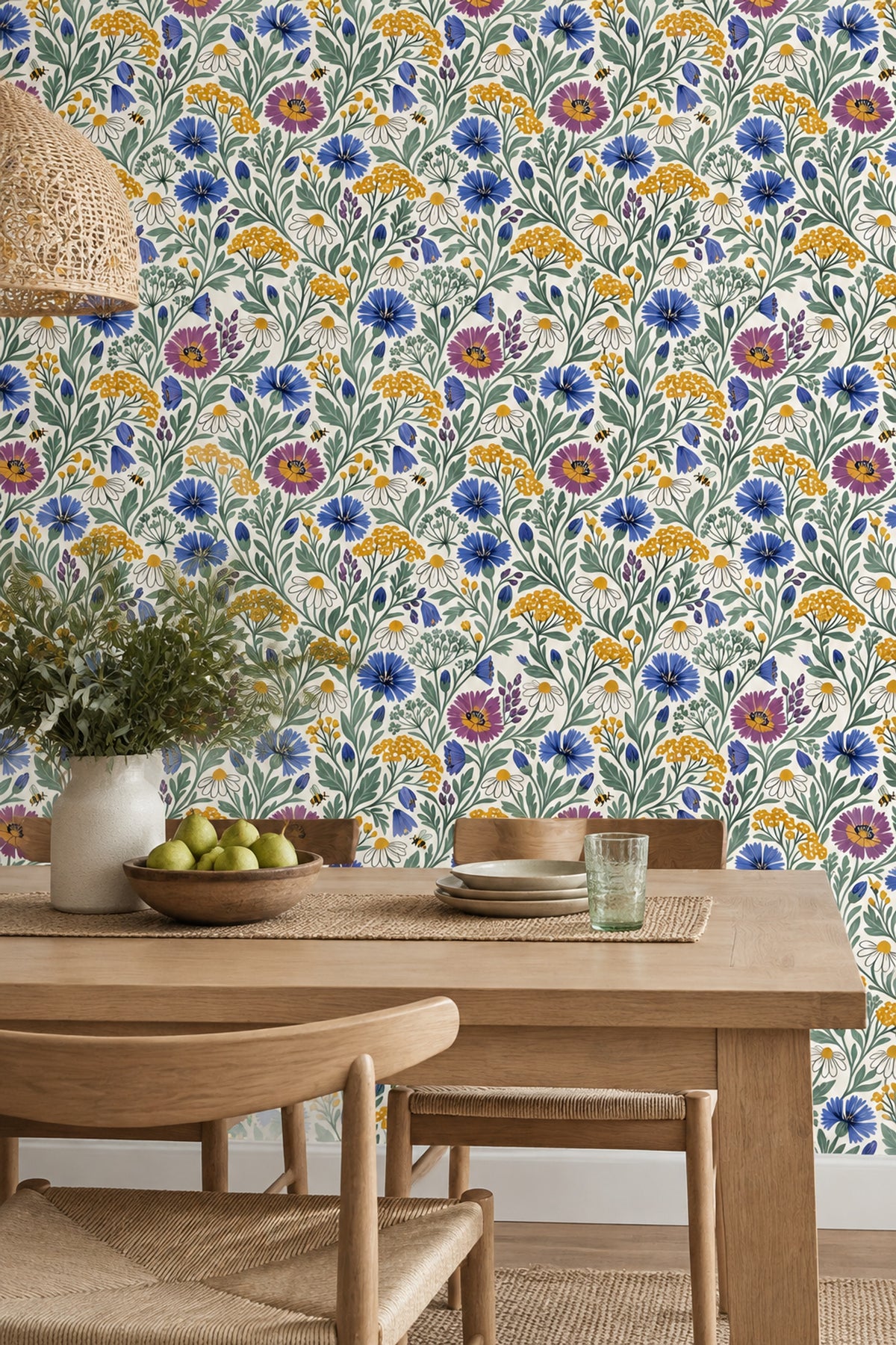 Wildflower And Bee Wallpaper Blue Purple Floral On White Background