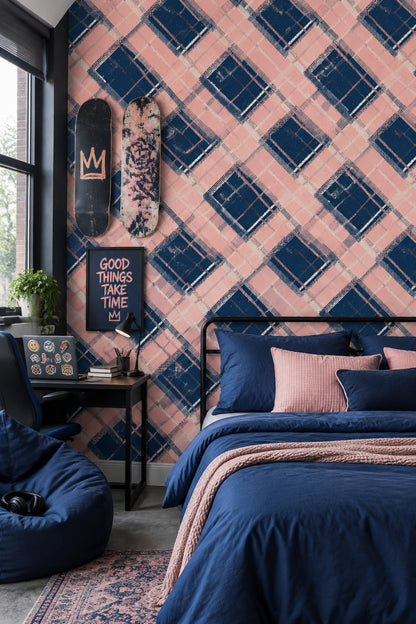 Abstract Plaid Wallpaper Pink Navy Diagonal Grid