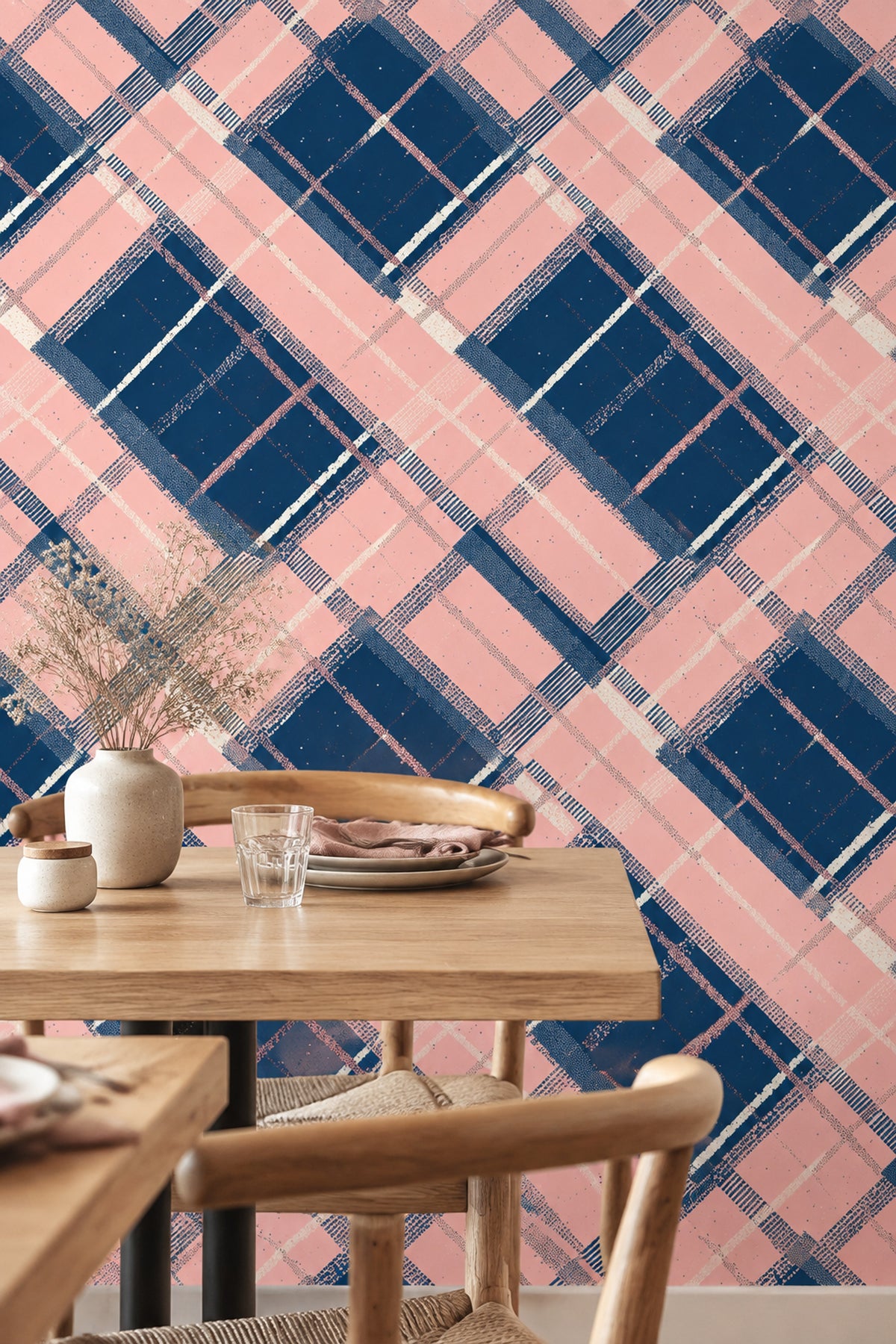 Abstract Plaid Wallpaper Pink Navy Diagonal Grid