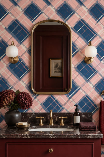 Abstract Plaid Wallpaper Pink Navy Diagonal Grid
