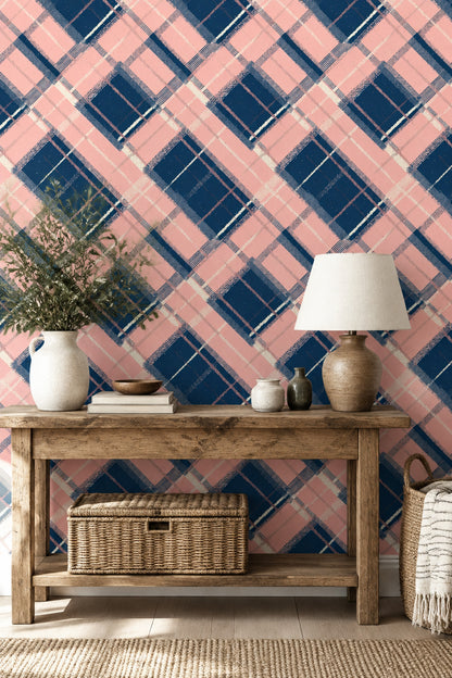Abstract Plaid Wallpaper Pink Navy Diagonal Grid
