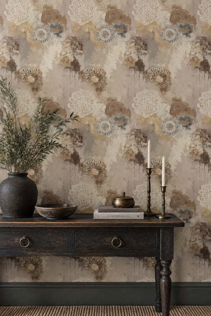 Ornamental Medallion Wallpaper Distressed Beige Textured