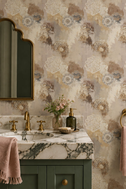 Ornamental Medallion Wallpaper Distressed Beige Textured