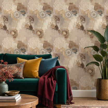 Ornamental Medallion Wallpaper Distressed Beige Textured