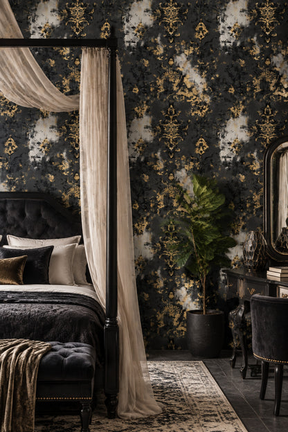 Gold Damask Wallpaper Distressed Black Gray Abstract Background