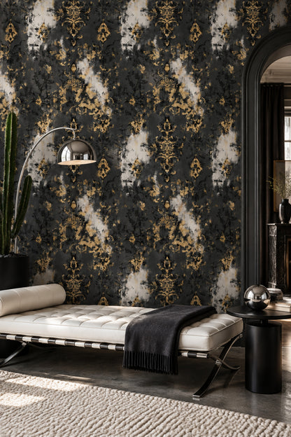 Gold Damask Wallpaper Distressed Black Gray Abstract Background