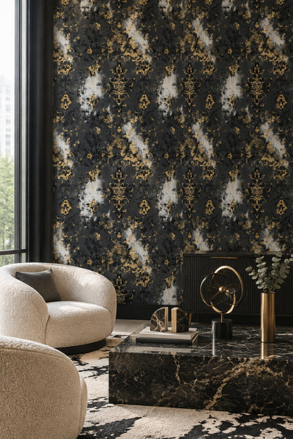 Gold Damask Wallpaper Distressed Black Gray Abstract Background