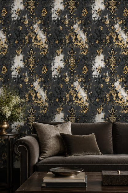 Gold Damask Wallpaper Distressed Black Gray Abstract Background