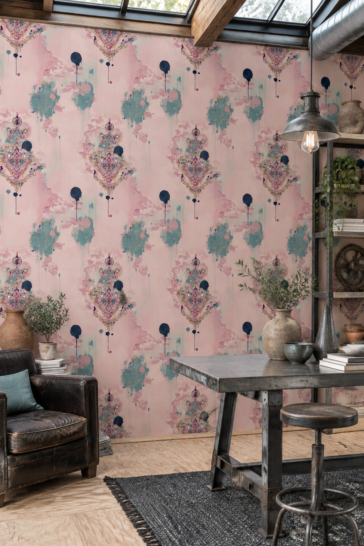 Abstract Watercolor Wallpaper Pink With Teal Ink Drips