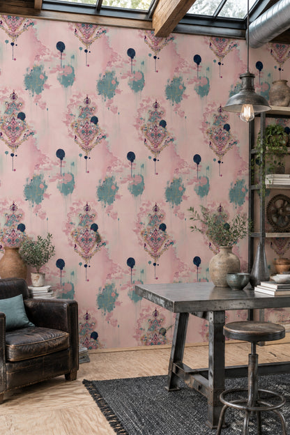 Abstract Watercolor Wallpaper Pink With Teal Ink Drips