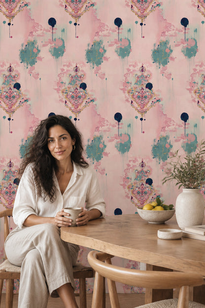 Abstract Watercolor Wallpaper Pink With Teal Ink Drips