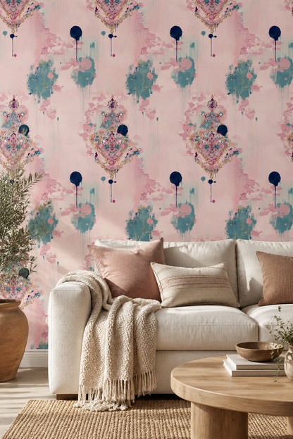 Abstract Watercolor Wallpaper Pink With Teal Ink Drips