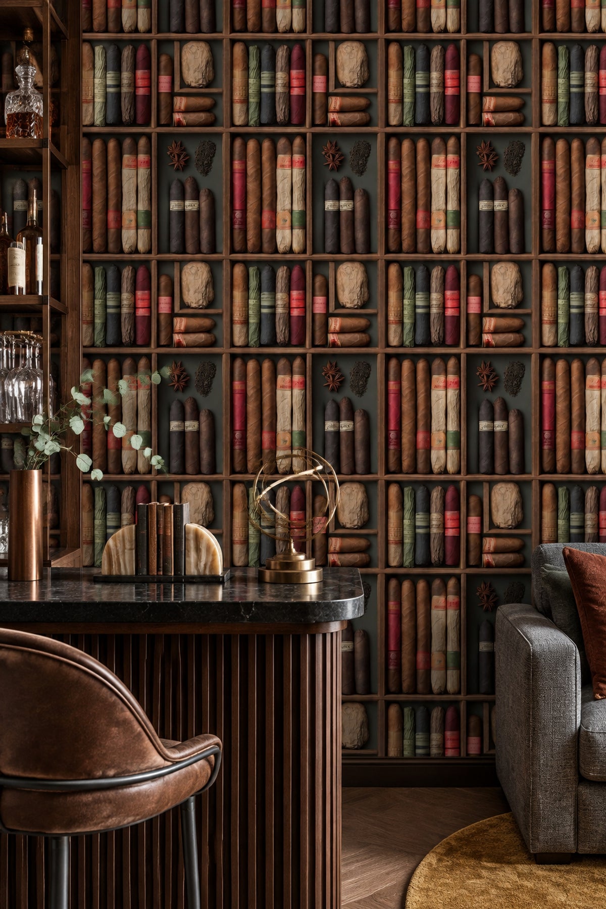 Cigar Humidor Wallpaper Dark Wooden Shelf Pattern