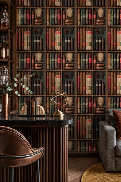 Cigar Humidor Wallpaper Dark Wooden Shelf Pattern