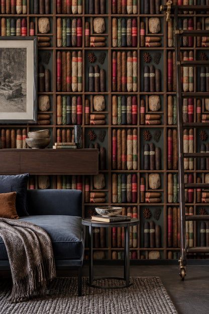 Cigar Humidor Wallpaper Dark Wooden Shelf Pattern