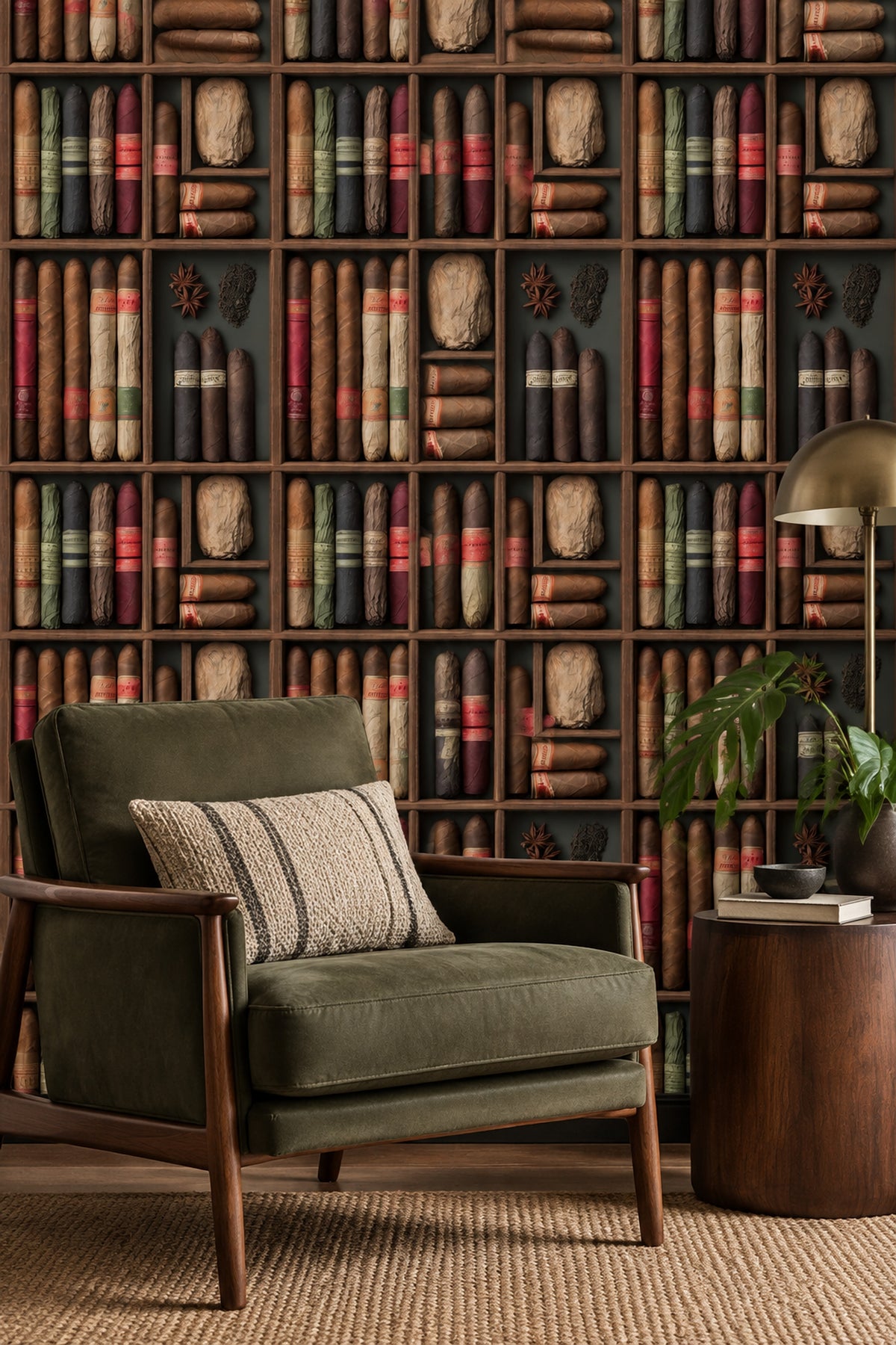 Cigar Humidor Wallpaper Dark Wooden Shelf Pattern