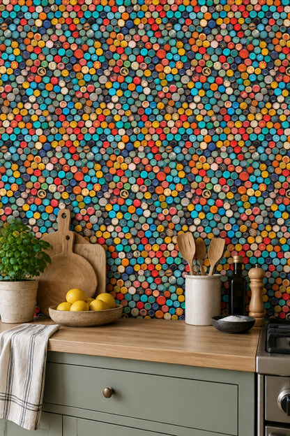 Bottle Cap Wallpaper Retro Multicolor Mosaic