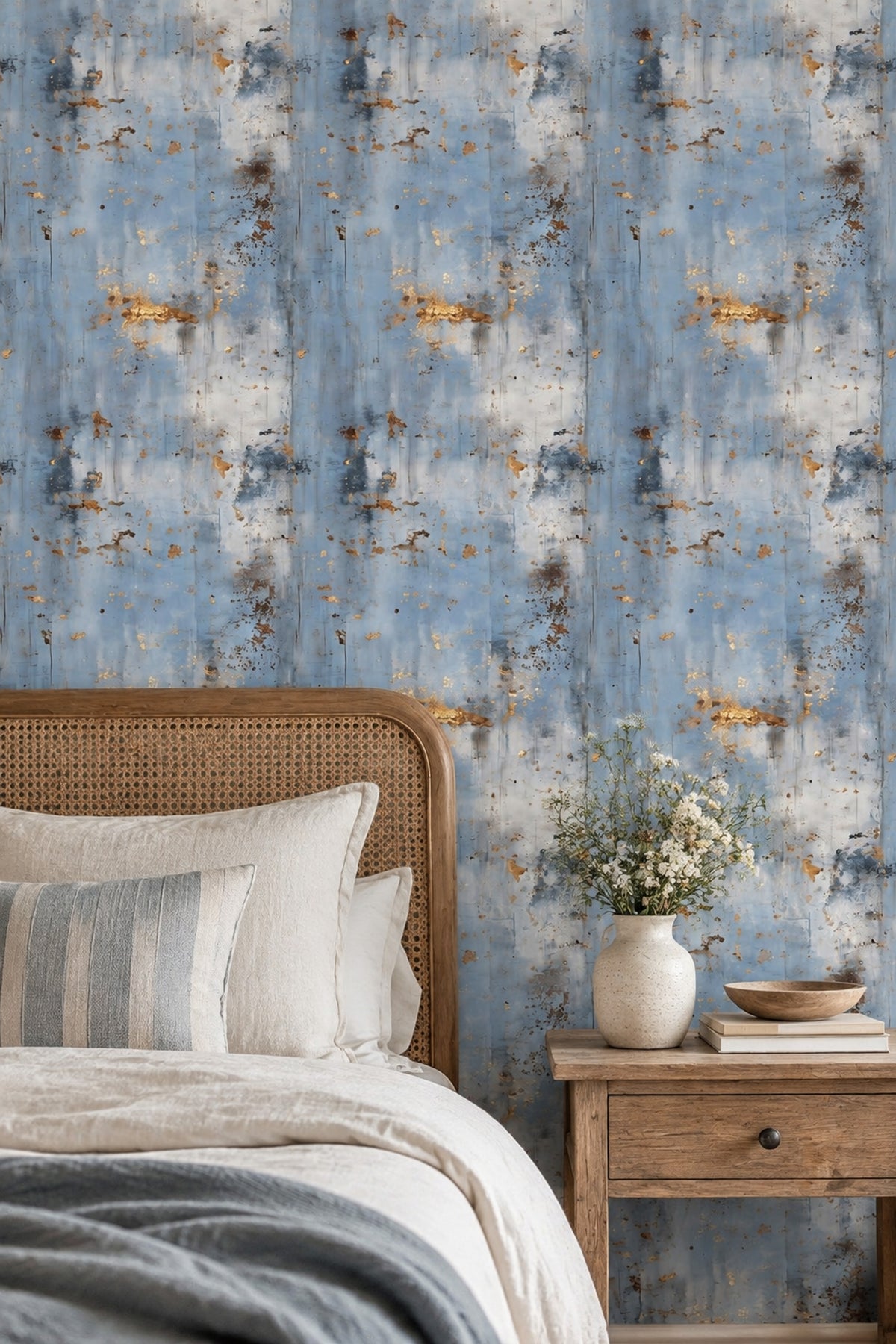 Abstract Plaster Texture Wallpaper Blue Gray Metallic Gold