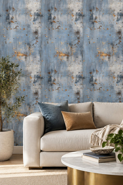 Abstract Plaster Texture Wallpaper Blue Gray Metallic Gold