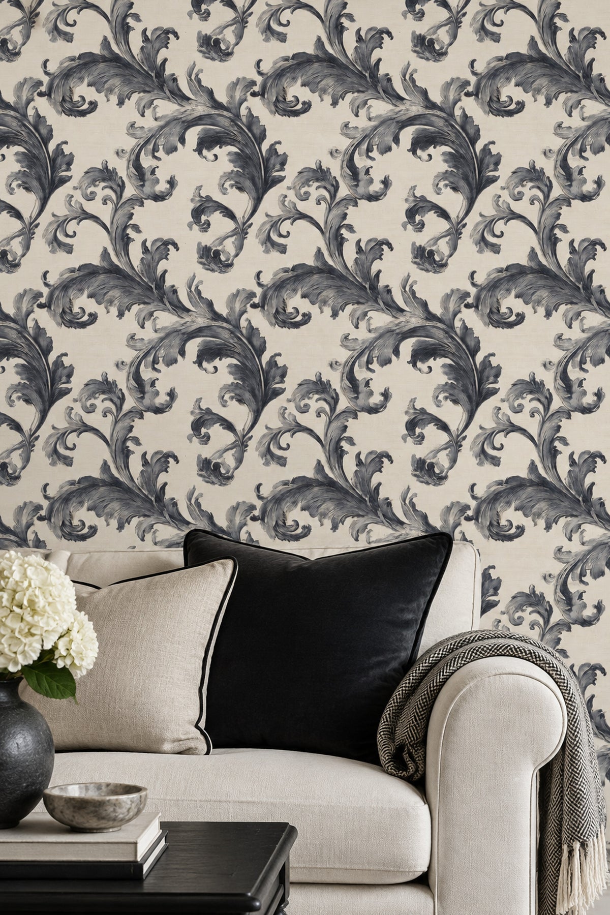 Acanthus Leaves Wallpaper Damask Scrollwork In Cream And Navy