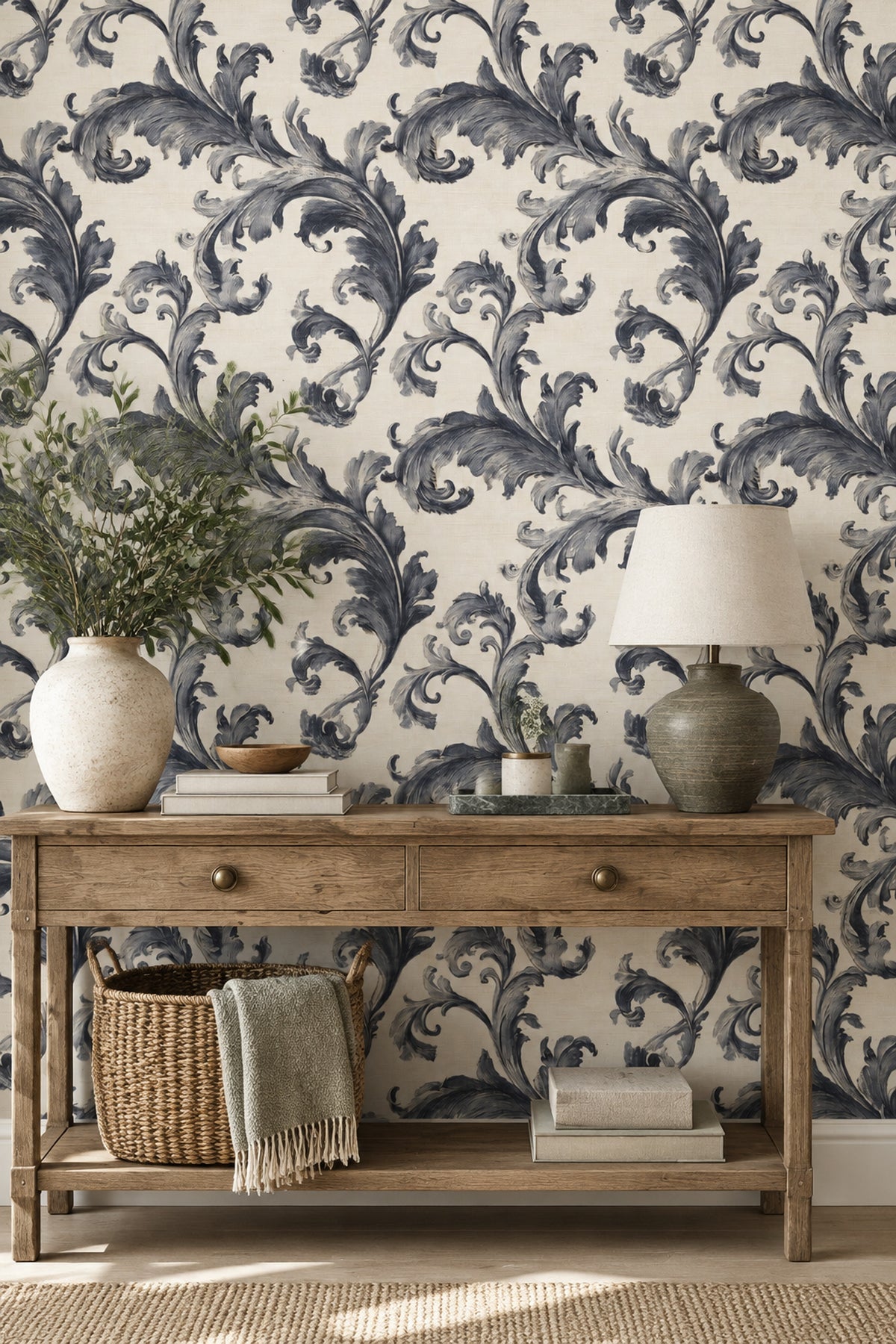 Acanthus Leaves Wallpaper Damask Scrollwork In Cream And Navy