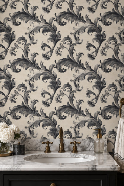 Acanthus Leaves Wallpaper Damask Scrollwork In Cream And Navy
