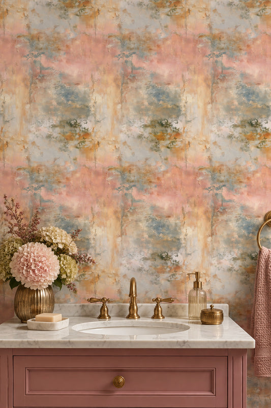 Fresco Wall Wallpaper Distressed Plaster Texture In Blush Pink And Cream