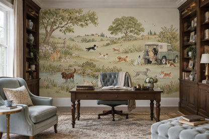 Watercolor Countryside Dogs Wallpaper Pastoral Landscape Wall Mural