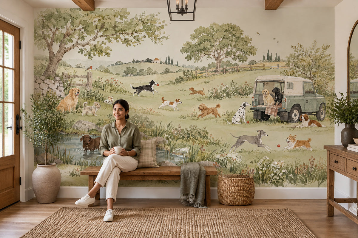 Watercolor Countryside Dogs Wallpaper Pastoral Landscape Wall Mural