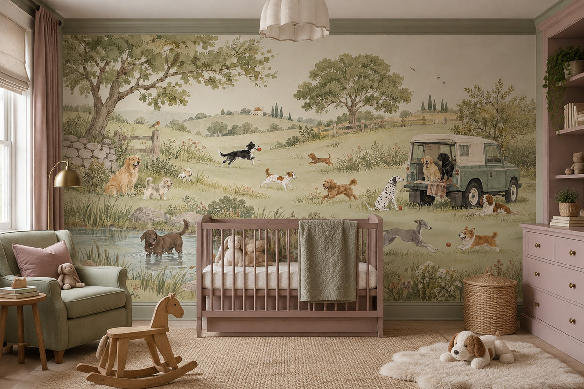 Watercolor Countryside Dogs Wallpaper Pastoral Landscape Wall Mural