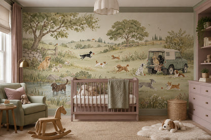 Watercolor Countryside Dogs Wallpaper Pastoral Landscape Wall Mural