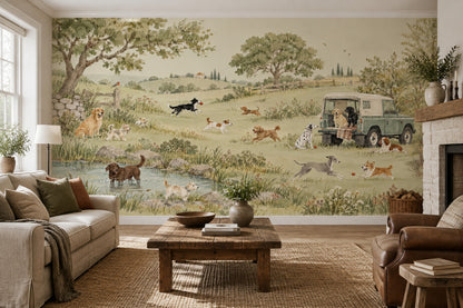 Watercolor Countryside Dogs Wallpaper Pastoral Landscape Wall Mural
