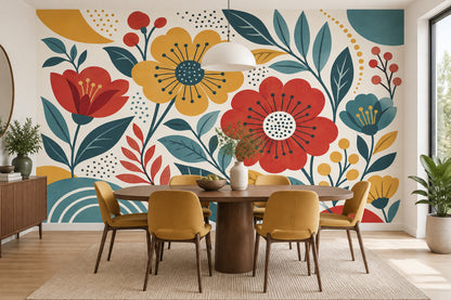 Retro Botanical Flowers Wallpaper Cream Background Wall Mural