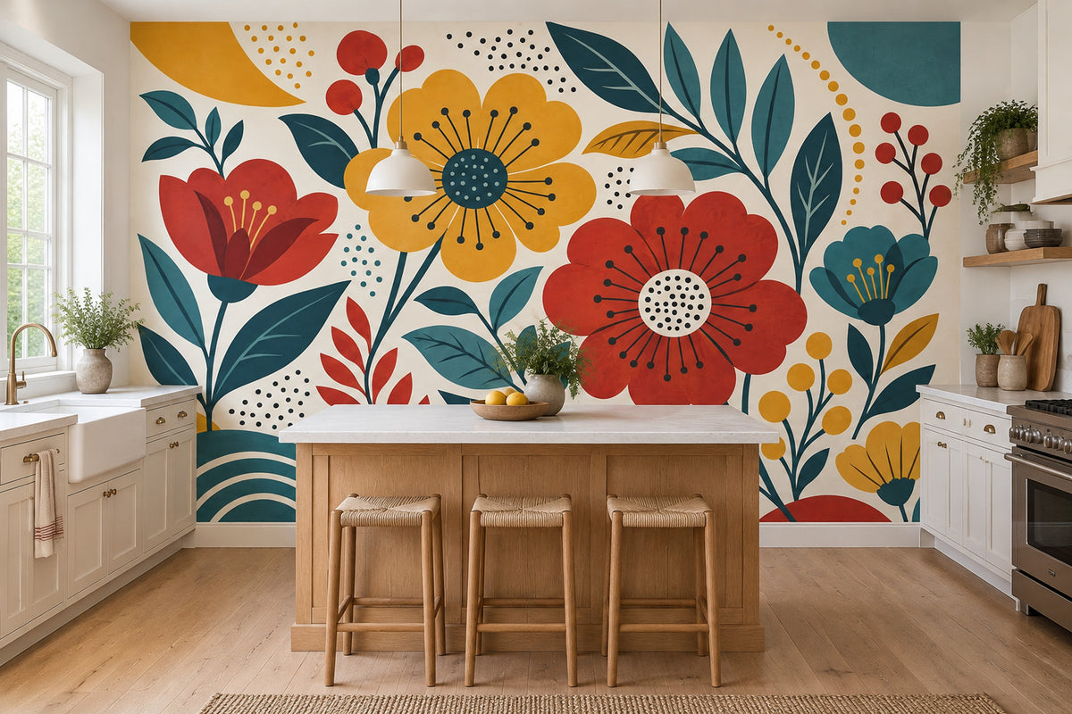 Retro Botanical Flowers Wallpaper Cream Background Wall Mural