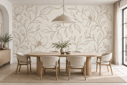 Botanical Vine Line Art Wallpaper Ivory Beige Wall Mural