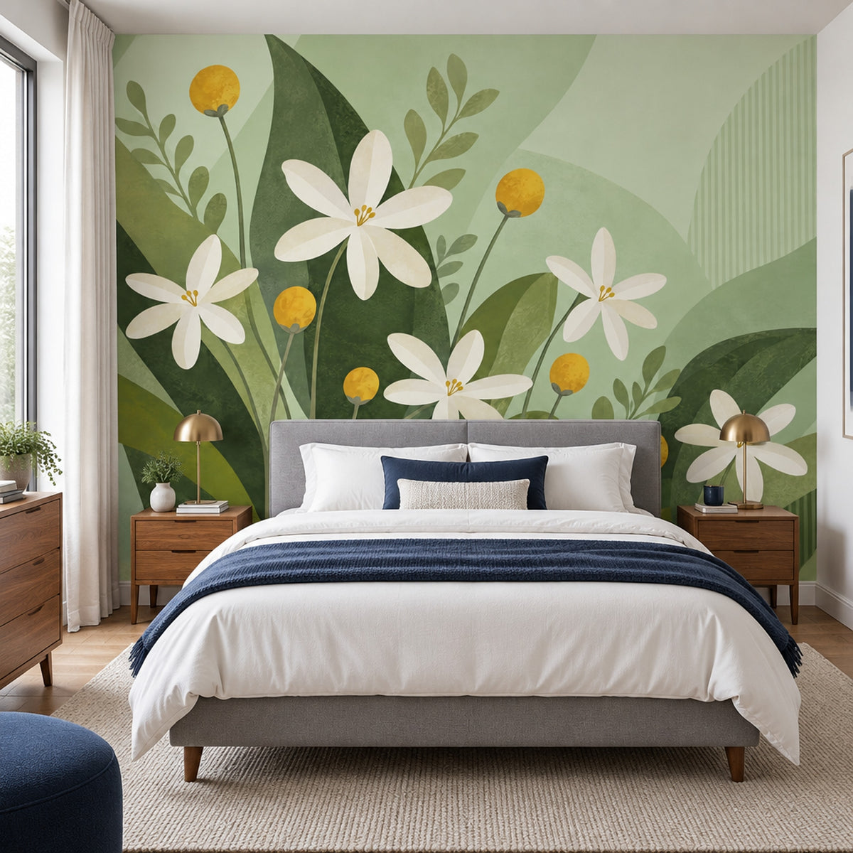 White Daisy Flowers Wallpaper Sage Green Leaves Wall Mural