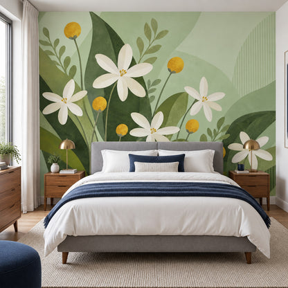 White Daisy Flowers Wallpaper Sage Green Leaves Wall Mural