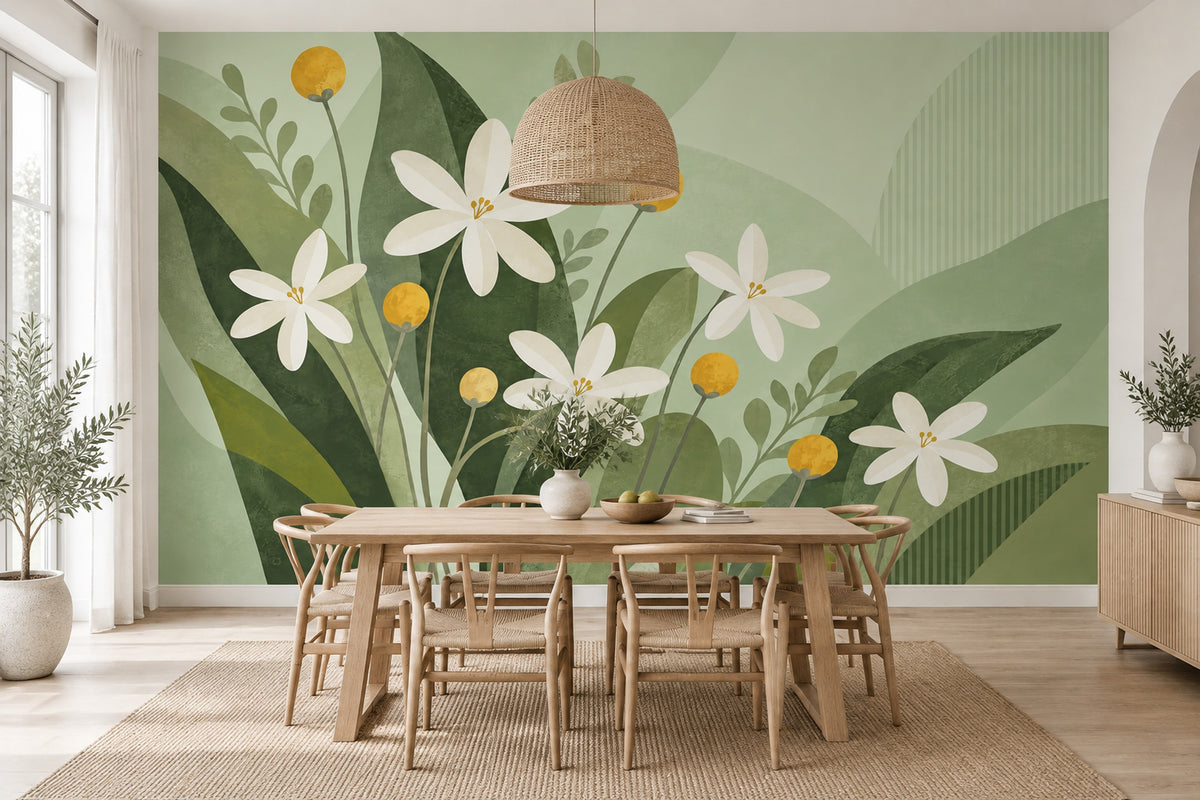 White Daisy Flowers Wallpaper Sage Green Leaves Wall Mural