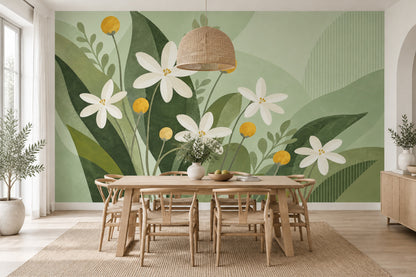 White Daisy Flowers Wallpaper Sage Green Leaves Wall Mural