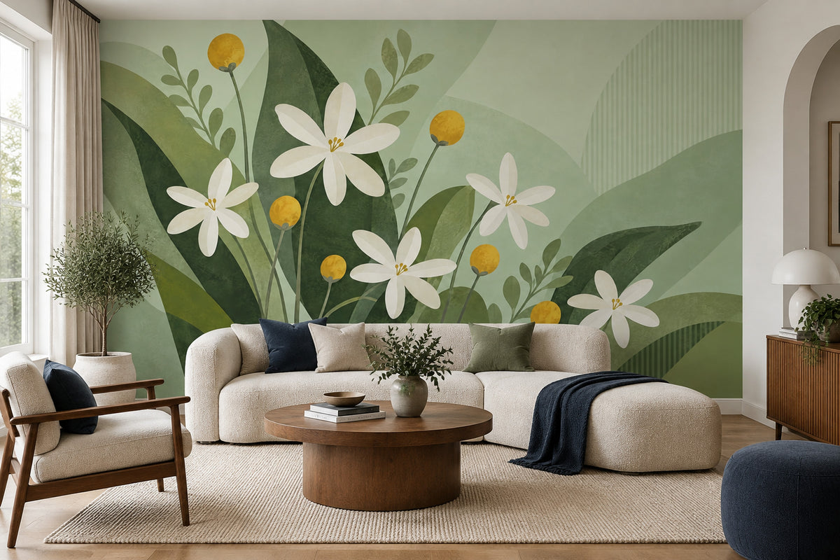 White Daisy Flowers Wallpaper Sage Green Leaves Wall Mural