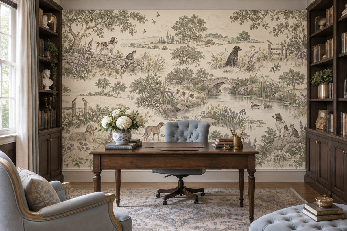 Pastoral Toile Landscape Wallpaper Vintage Engraving Style Wall Mural