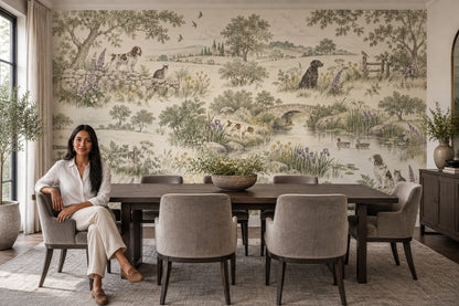 Pastoral Toile Landscape Wallpaper Vintage Engraving Style Wall Mural