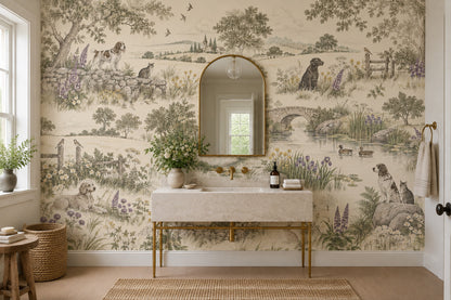 Pastoral Toile Landscape Wallpaper Vintage Engraving Style Wall Mural