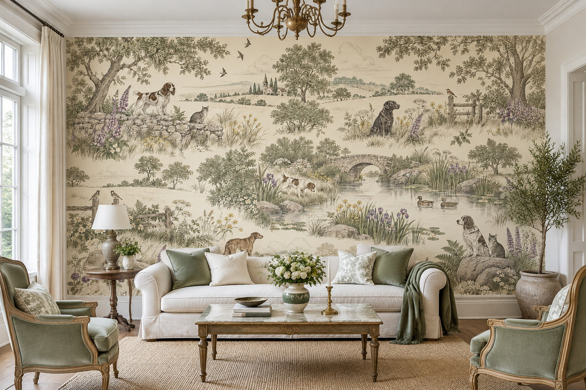 Pastoral Toile Landscape Wallpaper Vintage Engraving Style Wall Mural