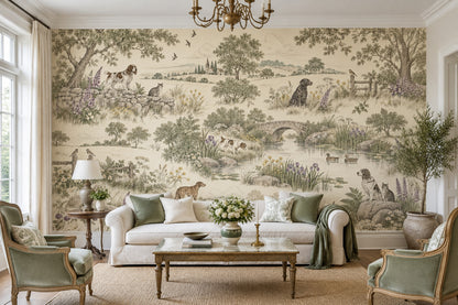 Pastoral Toile Landscape Wallpaper Vintage Engraving Style Wall Mural