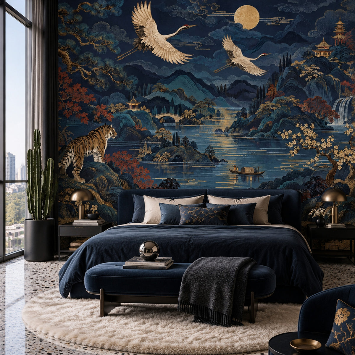 Moonlit Oriental Landscape Wallpaper Navy Panoramic Wall Mural