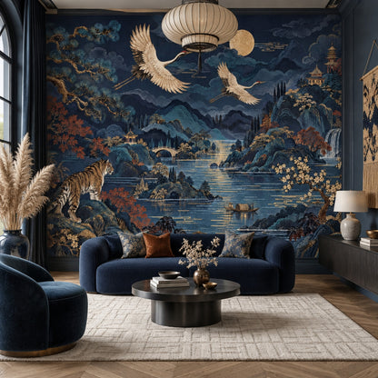 Moonlit Oriental Landscape Wallpaper Navy Panoramic Wall Mural