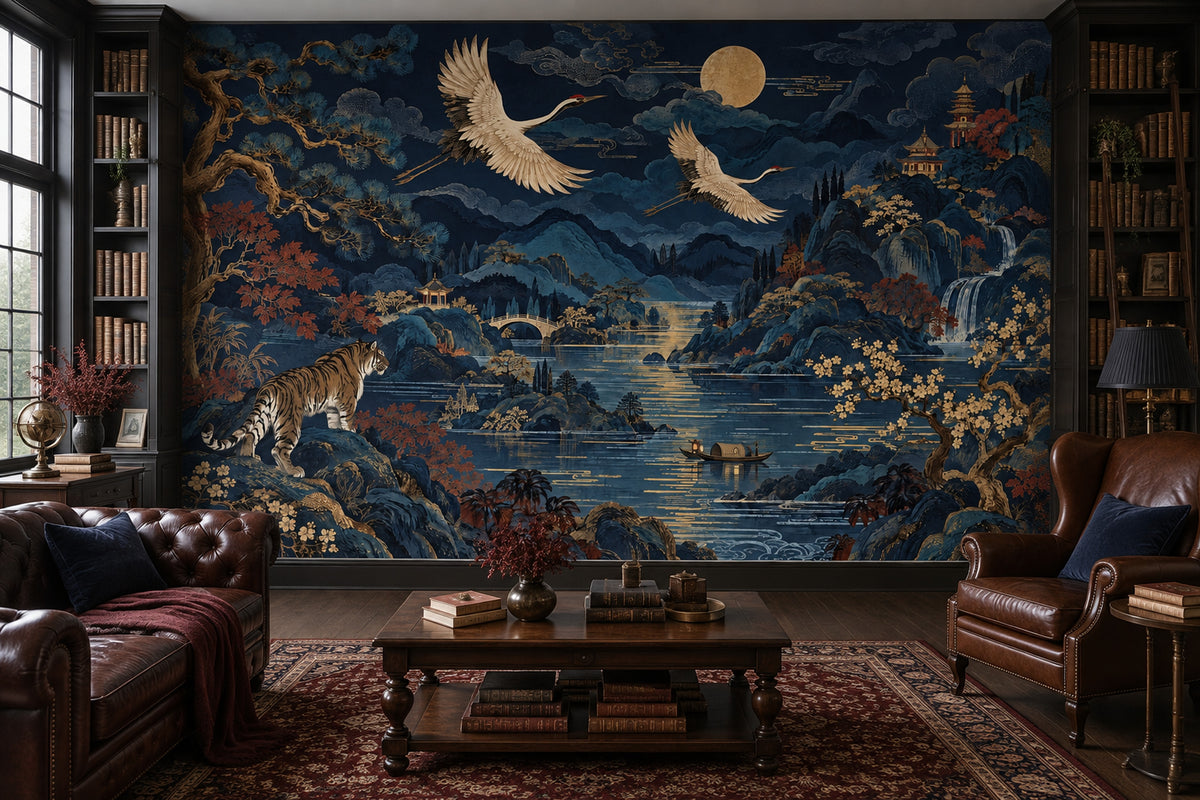 Moonlit Oriental Landscape Wallpaper Navy Panoramic Wall Mural