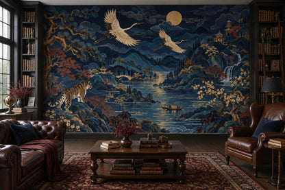 Moonlit Oriental Landscape Wallpaper Navy Panoramic Wall Mural